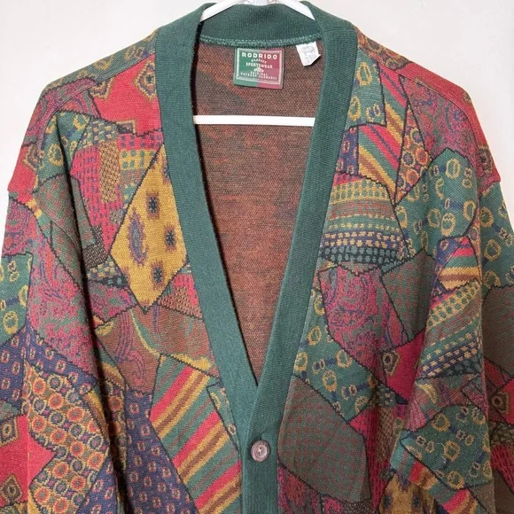 Patchwork pattern knit oversized cardigan wool blend pockets multicolor vintage - Picture 2 of 10